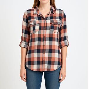 Eden & Olivia Anthropologie Pink Plaid Button Up S Roll Tab Sleeve Preppy